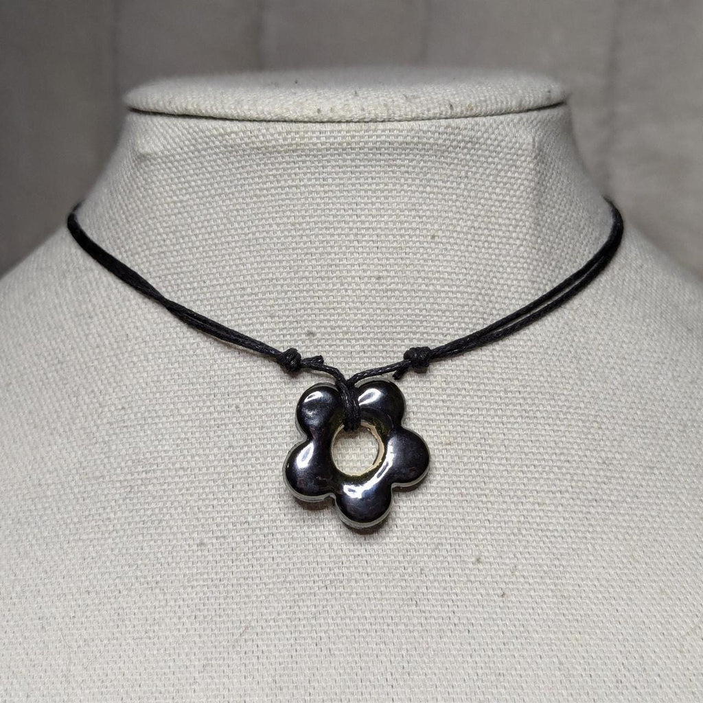 NoctemPottery Handmade Ceramic Flower Pendant Adjustable Boho Black Cord Necklace