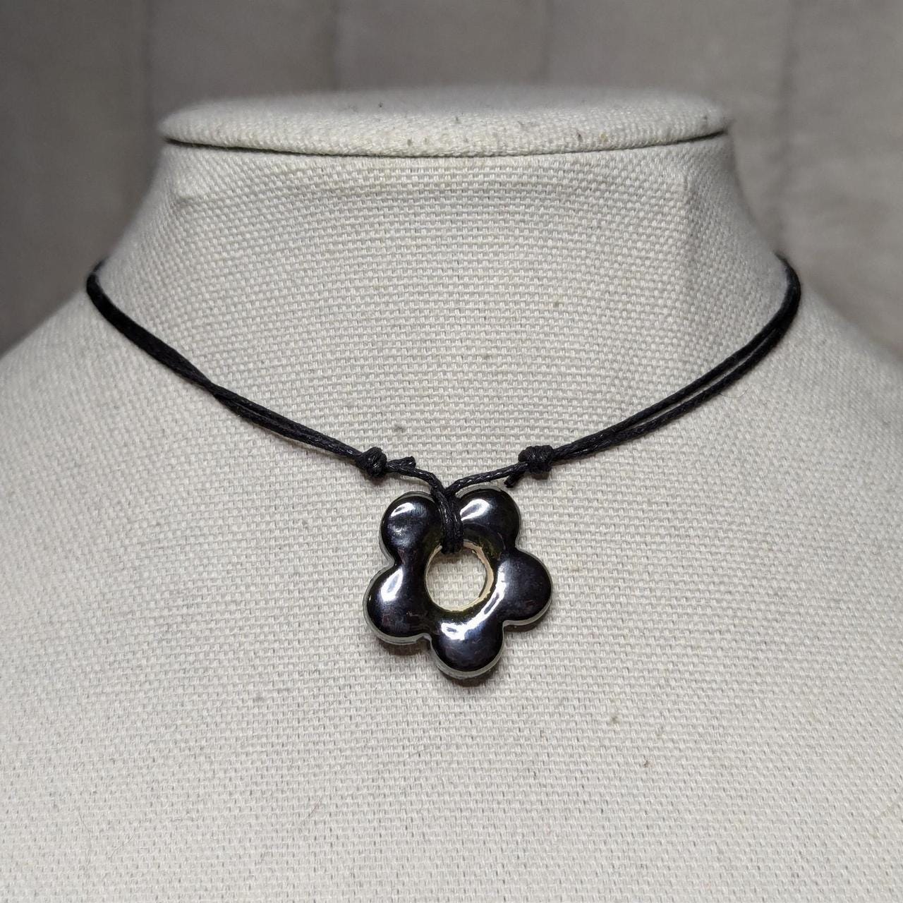 NoctemPottery Handmade Ceramic Flower Pendant Adjustable Boho Black Cord Necklace