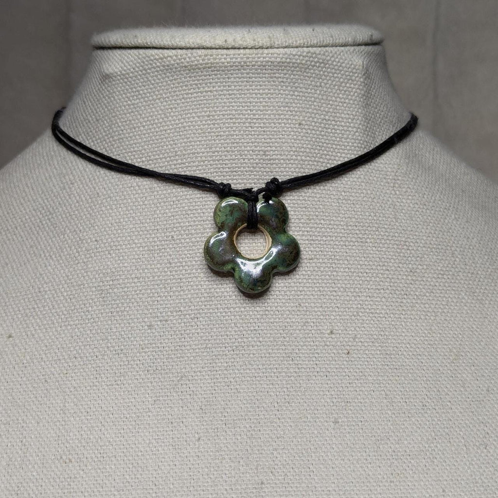 NoctemPottery Handmade Ceramic Flower Pendant Adjustable Boho Black Cord Necklace