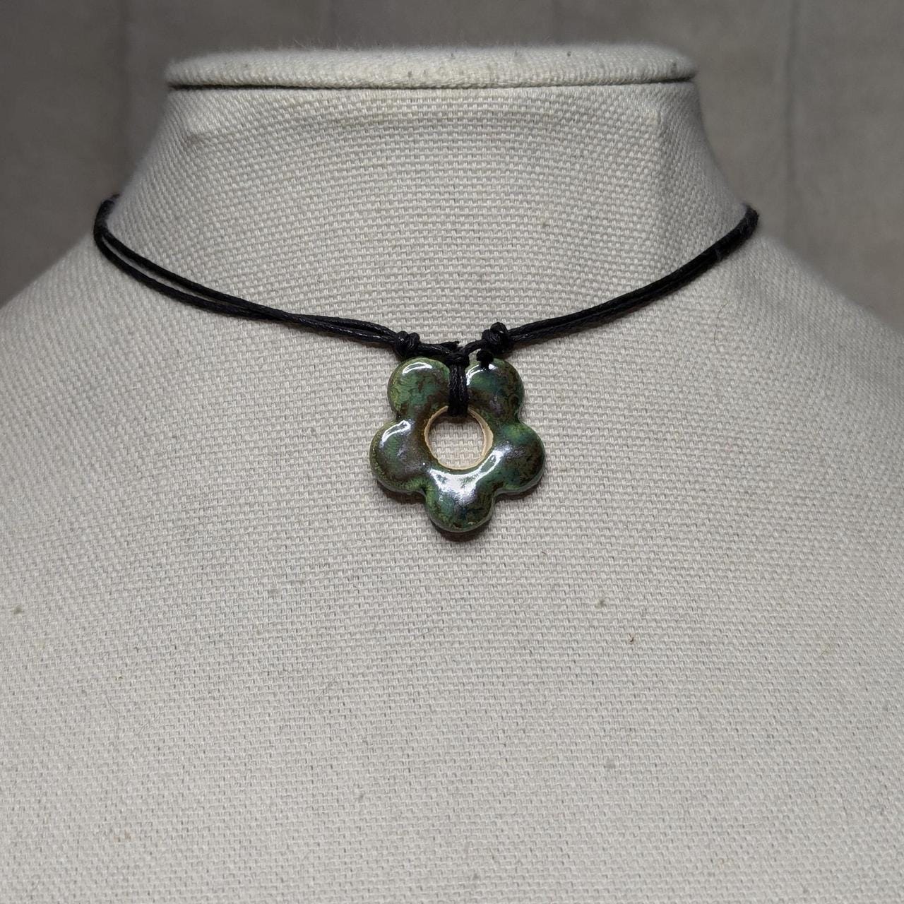 NoctemPottery Handmade Ceramic Flower Pendant Adjustable Boho Black Cord Necklace