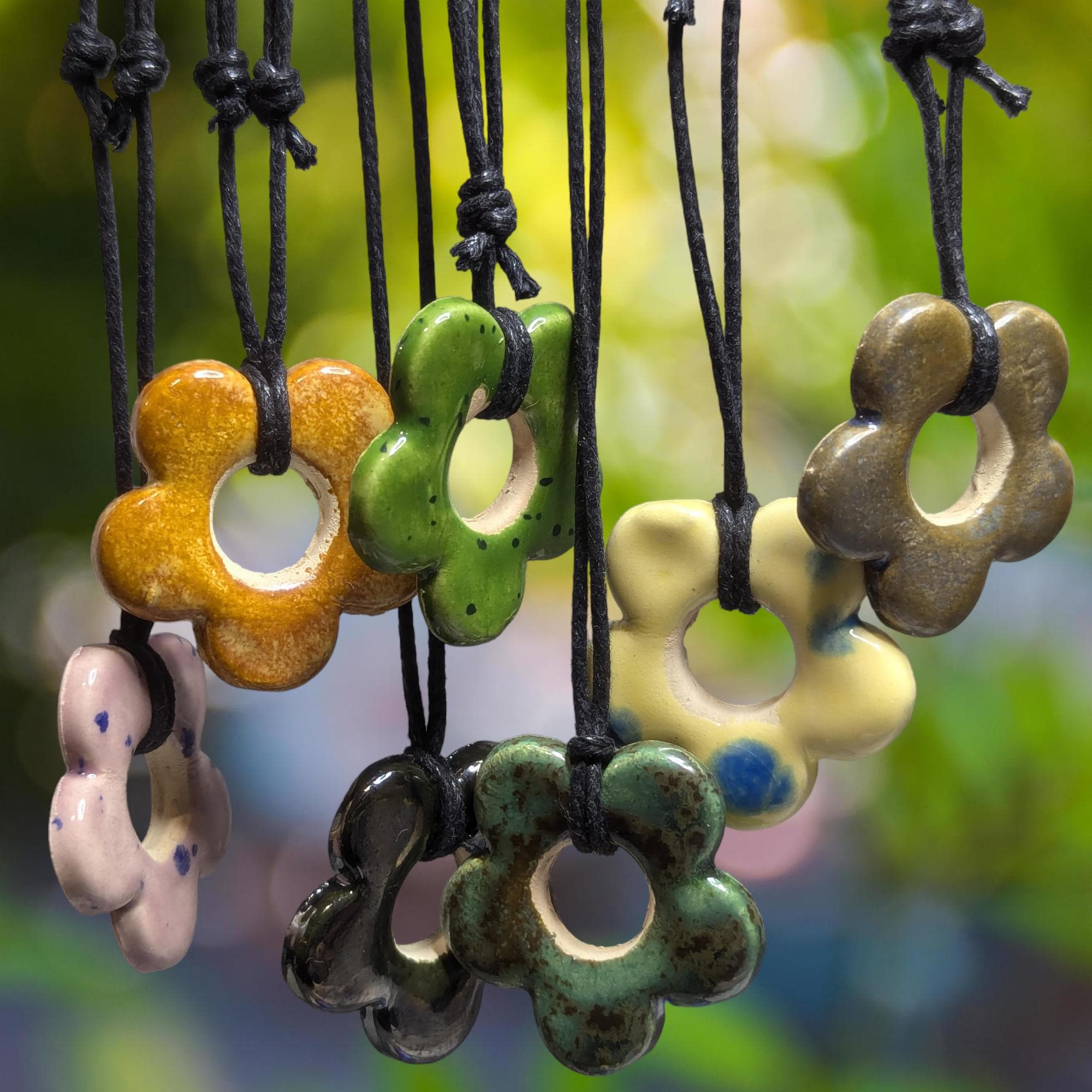 NoctemPottery Handmade Ceramic Flower Pendant Adjustable Boho Black Cord Necklace