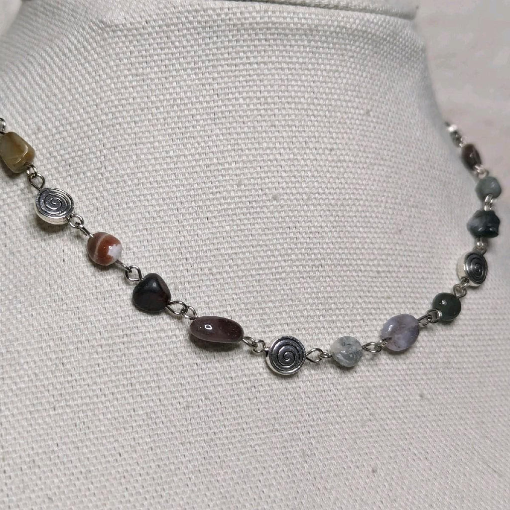 NoctemPottery Moss Agate Beaded Choker Necklace With Spiral Charms