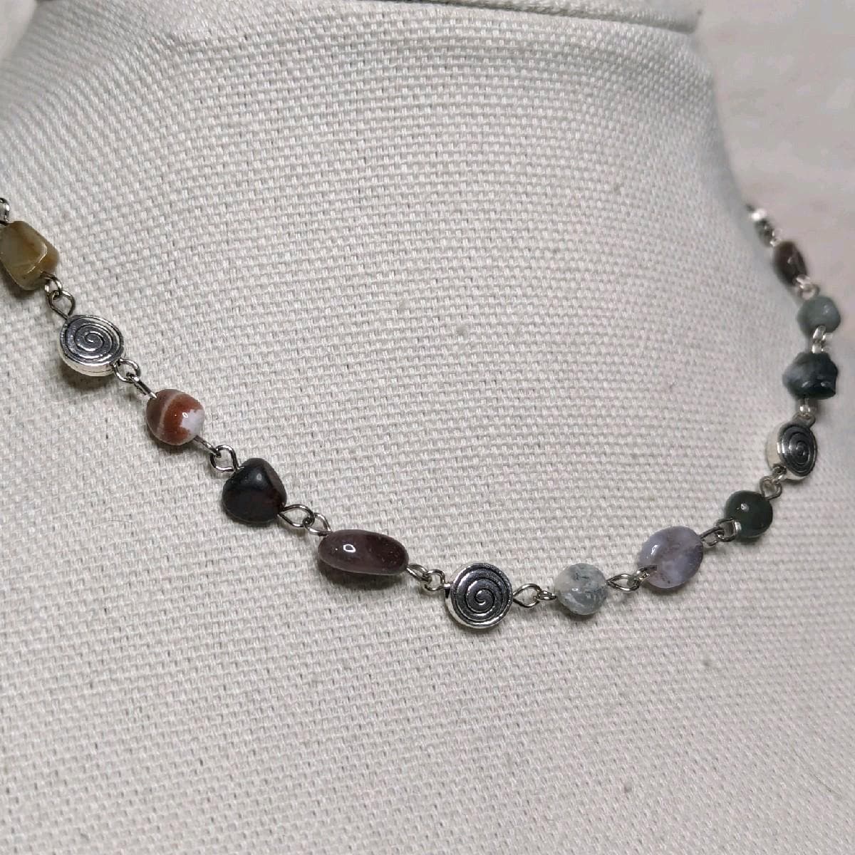 NoctemPottery Moss Agate Beaded Choker Necklace With Spiral Charms