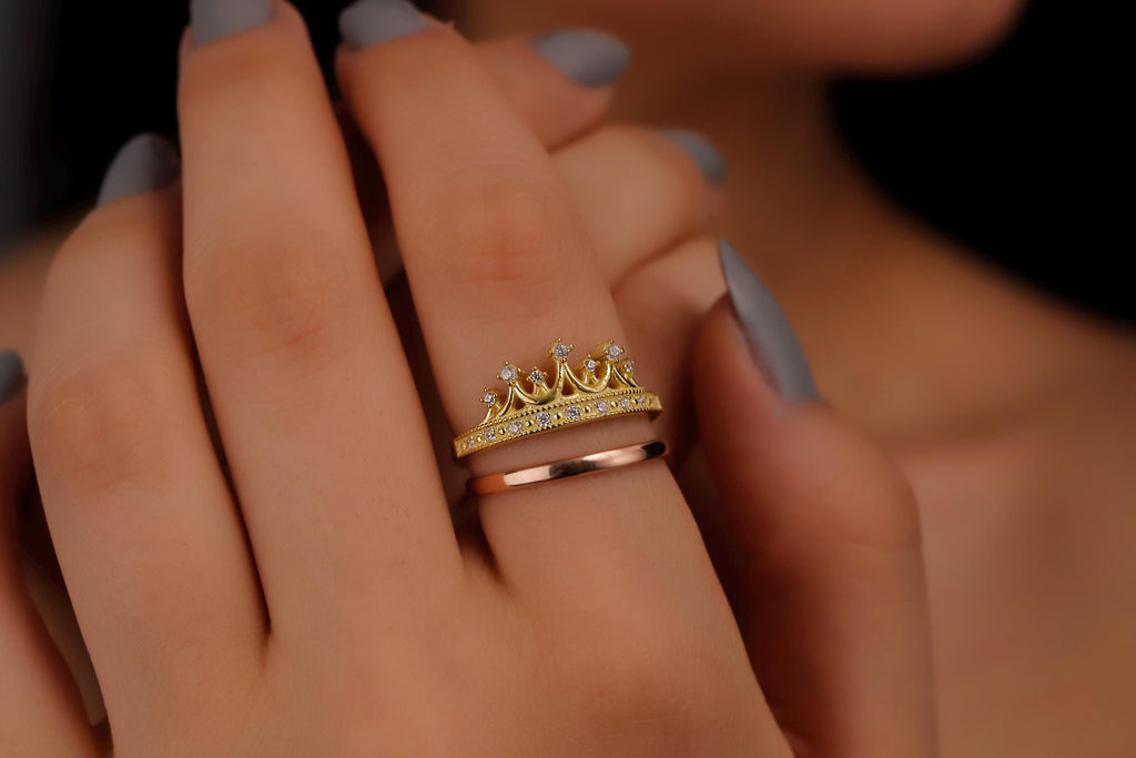 Gold Crown Ring Set: Sterling Silver Princess Rings