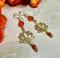 Red Onyx and Gold Tone Lotus Blossom Dangle Earrings