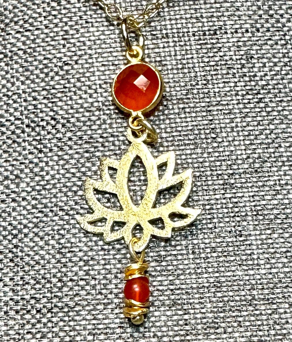 Red Onyx and Gold Tone Lotus Blossom Dangle Earrings