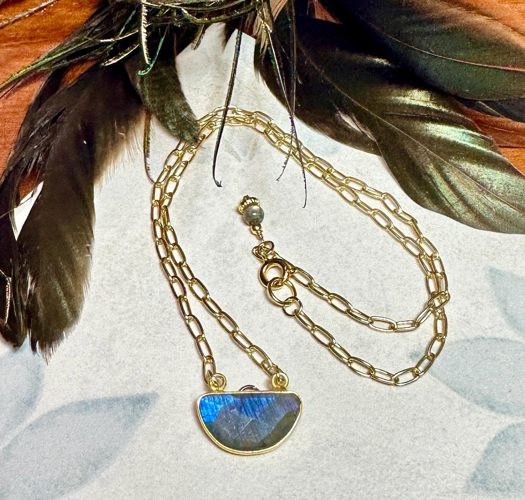 MossberryandStone Labradorite Half Moon Pendant Necklace 16in Gold