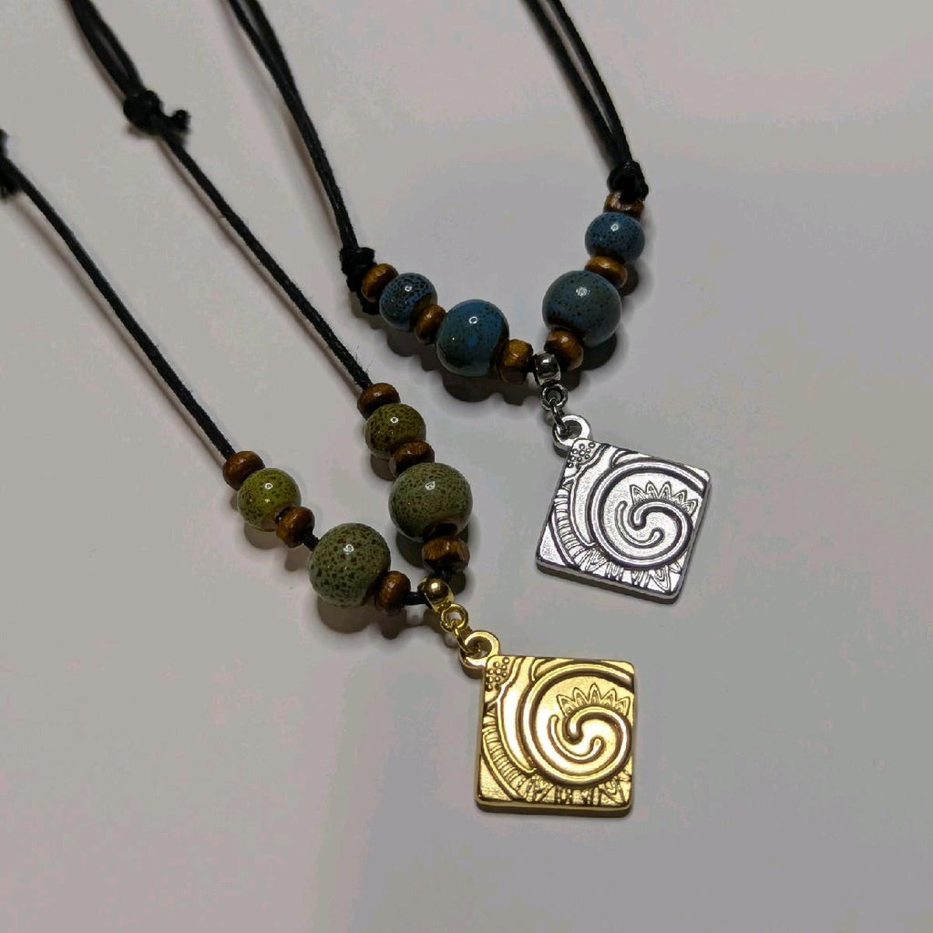 NoctemPottery Ceramic Beaded Swirl Pendant Necklace Adjustable Choker