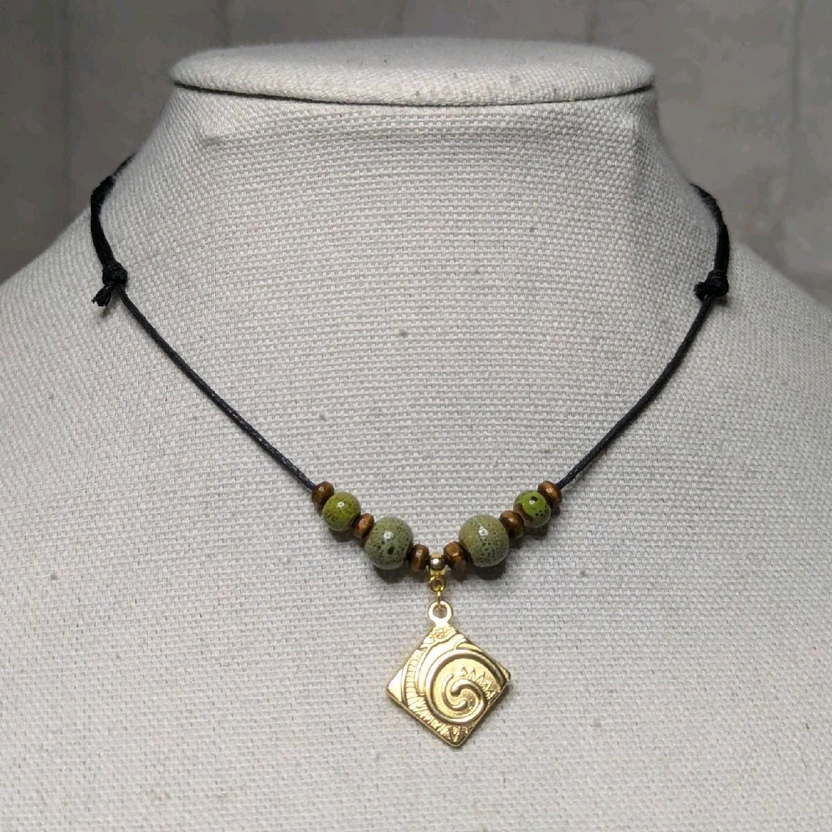 NoctemPottery Ceramic Beaded Swirl Pendant Necklace Adjustable Choker