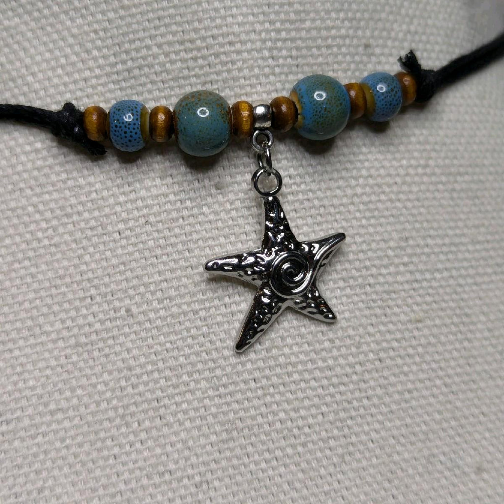 NoctemPottery Ceramic Beaded Starfish Swirl Stainless Steel Pendant Necklace