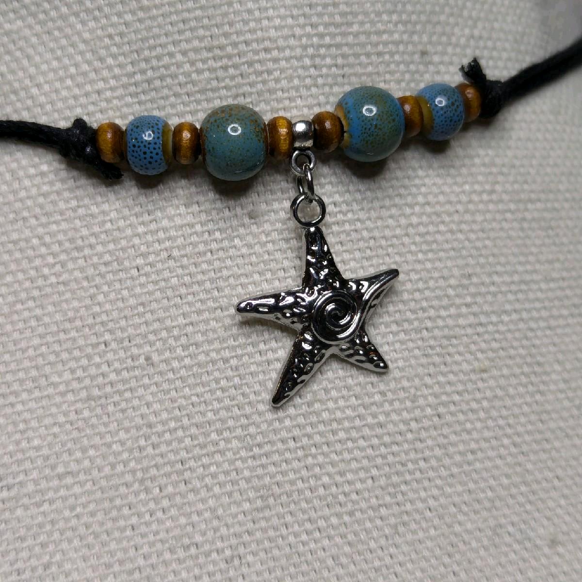 NoctemPottery Ceramic Beaded Starfish Swirl Stainless Steel Pendant Necklace