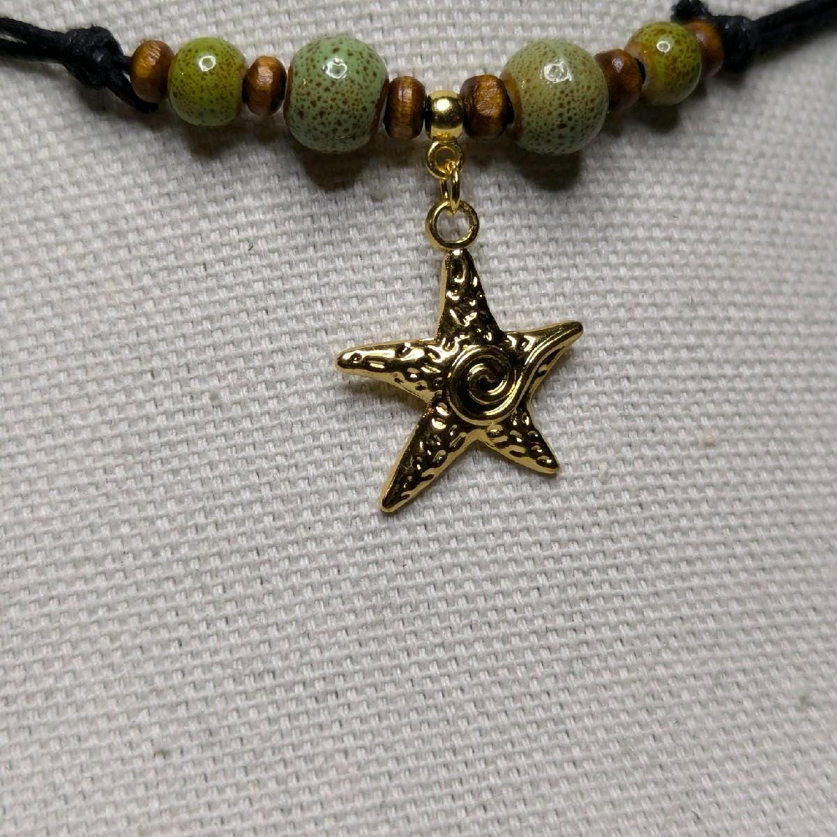 NoctemPottery Ceramic Beaded Starfish Swirl Stainless Steel Pendant Necklace