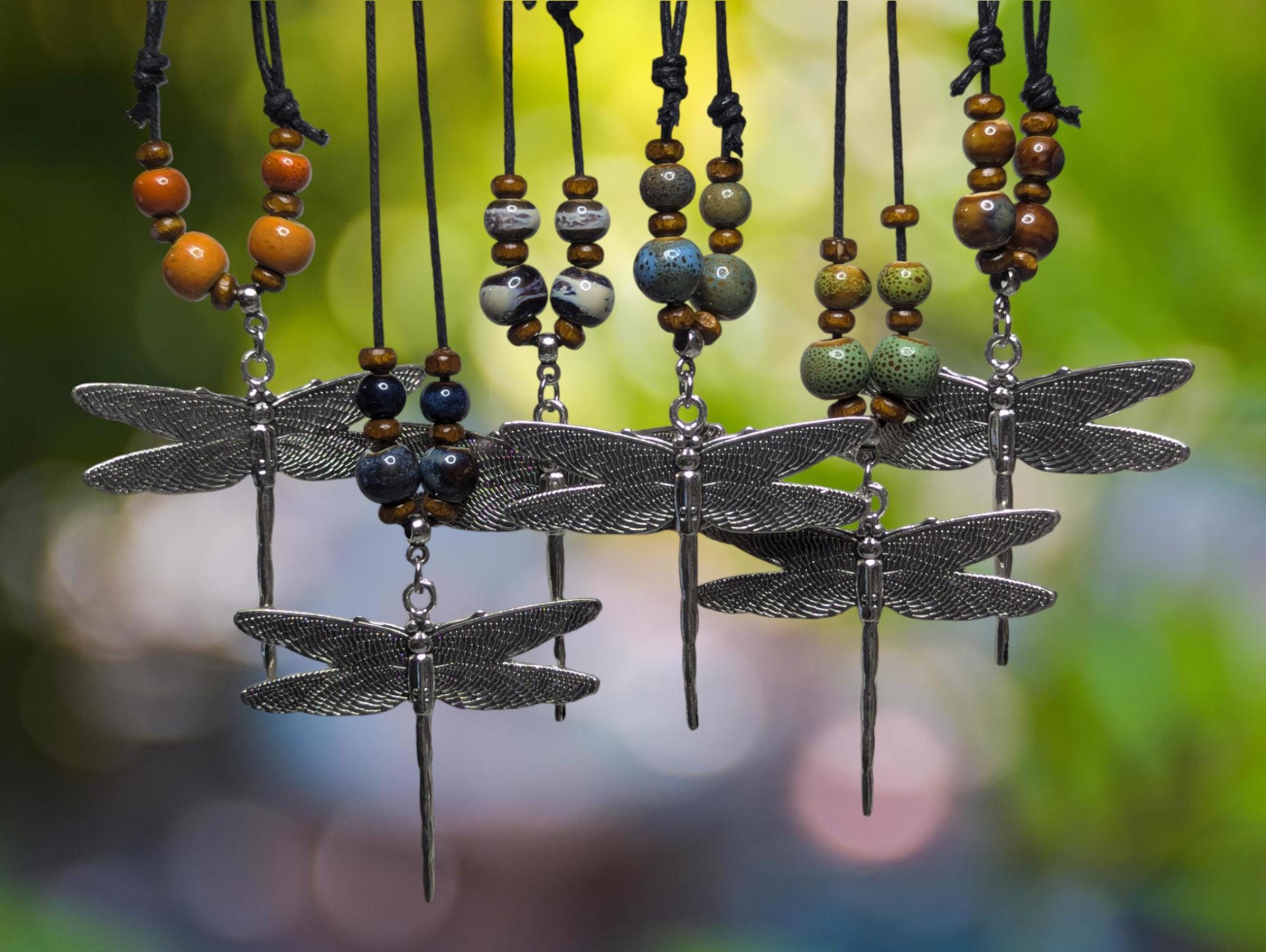 NoctemPottery Ceramic Beaded Dragonfly Pendant Necklace Adjustable Black Cord
