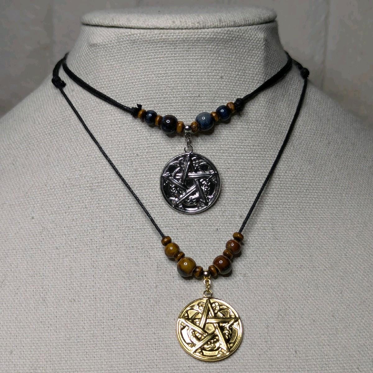 NoctemPottery Pentacle Pentagram Charm Pendant Ceramic Beaded Adjustable Choker Necklace