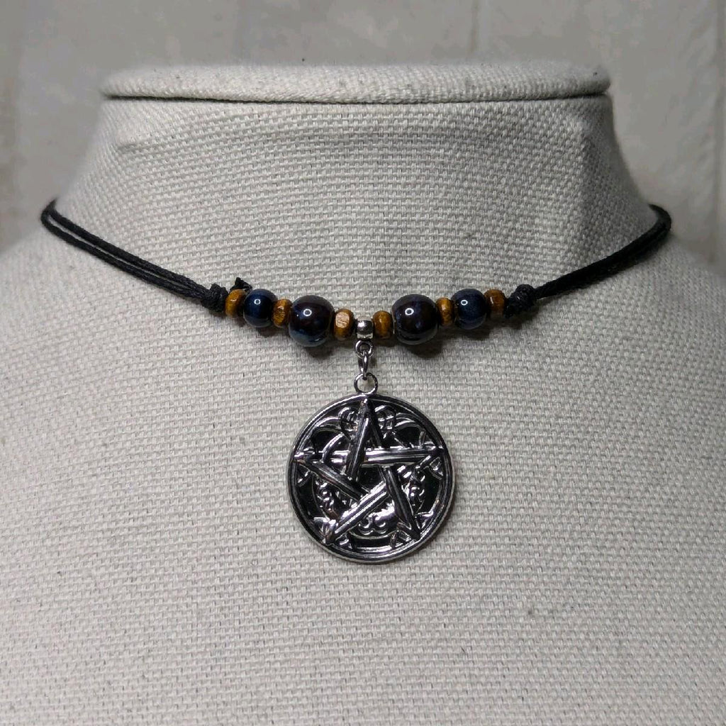 NoctemPottery Pentacle Pentagram Charm Pendant Ceramic Beaded Adjustable Choker Necklace