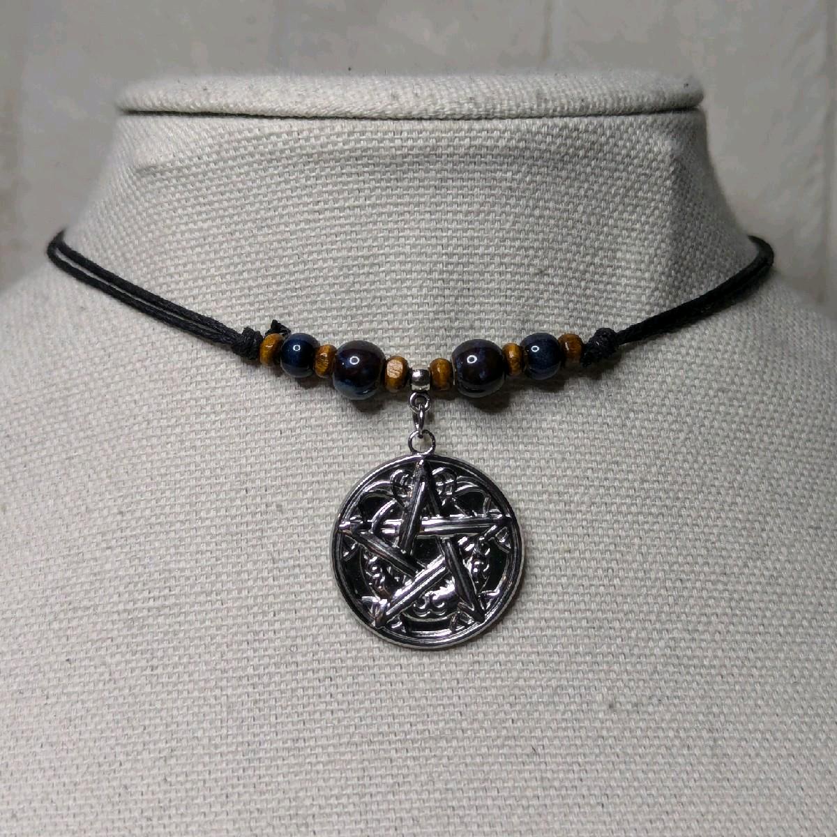NoctemPottery Pentacle Pentagram Charm Pendant Ceramic Beaded Adjustable Choker Necklace