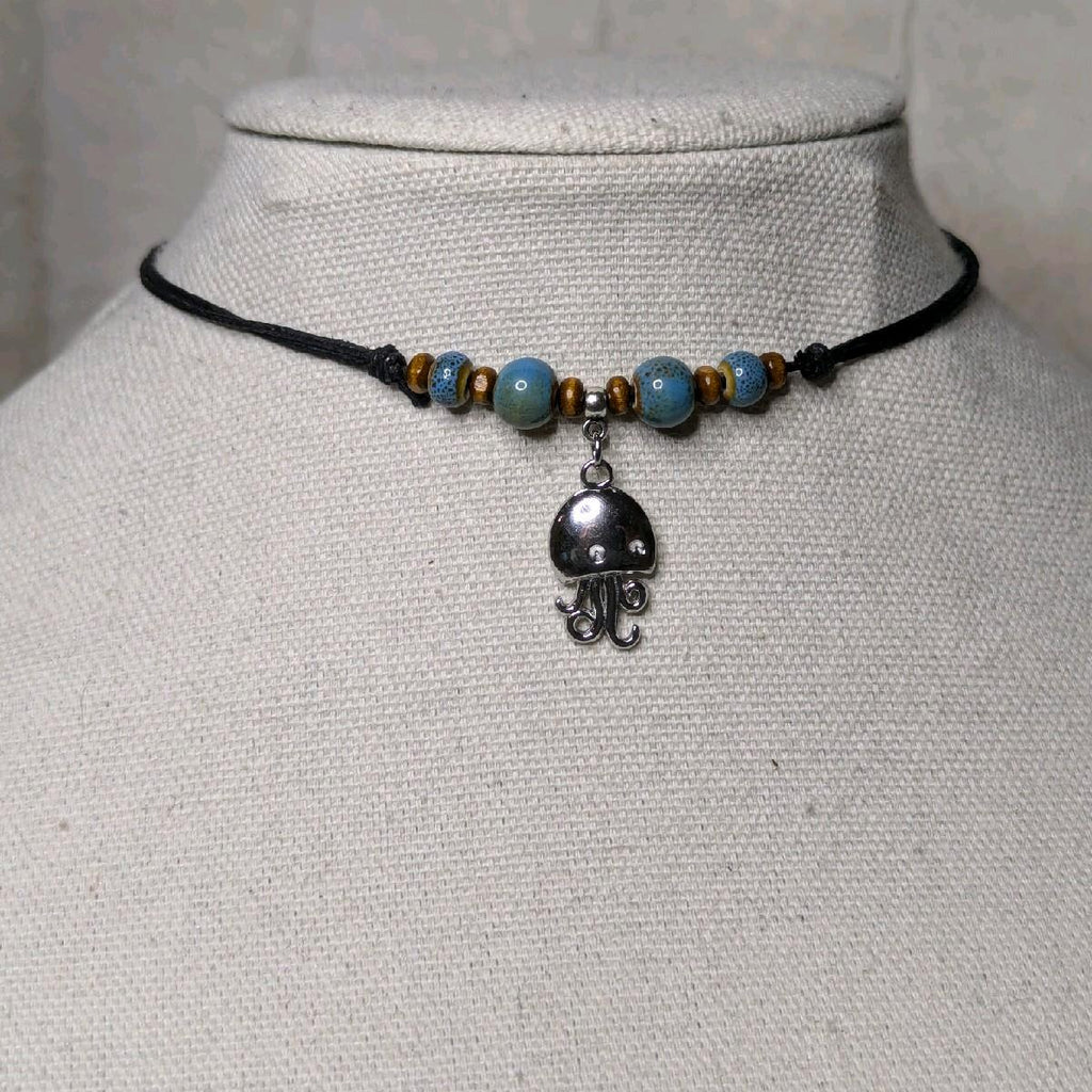 NoctemPottery Stainless Steel Ceramic Beaded Jellyfish Pendant Necklace Adjustable Choker