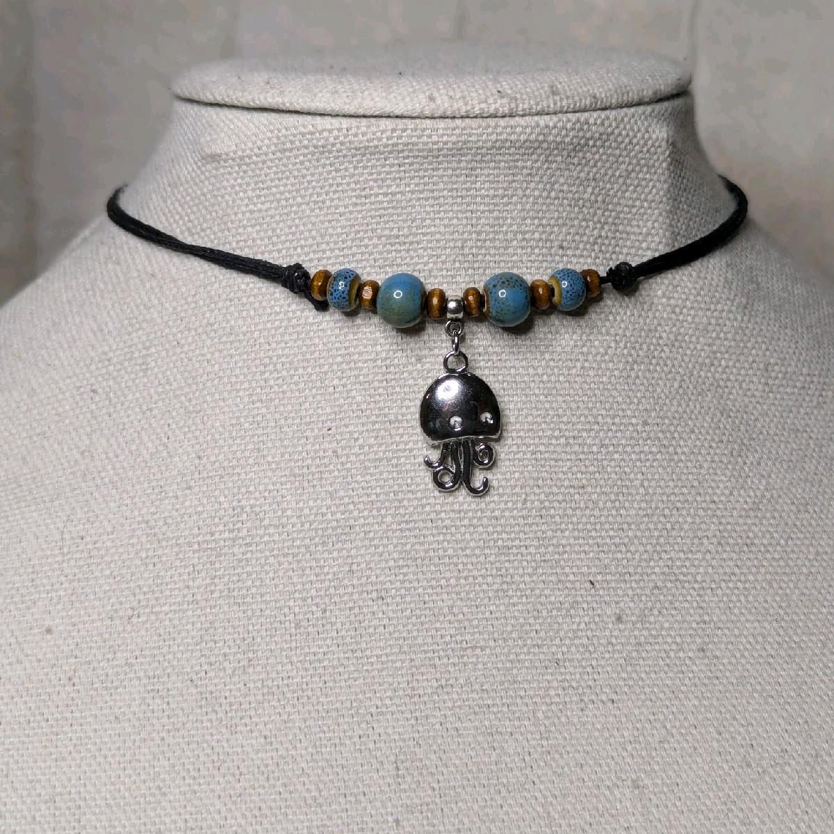 NoctemPottery Stainless Steel Ceramic Beaded Jellyfish Pendant Necklace Adjustable Choker