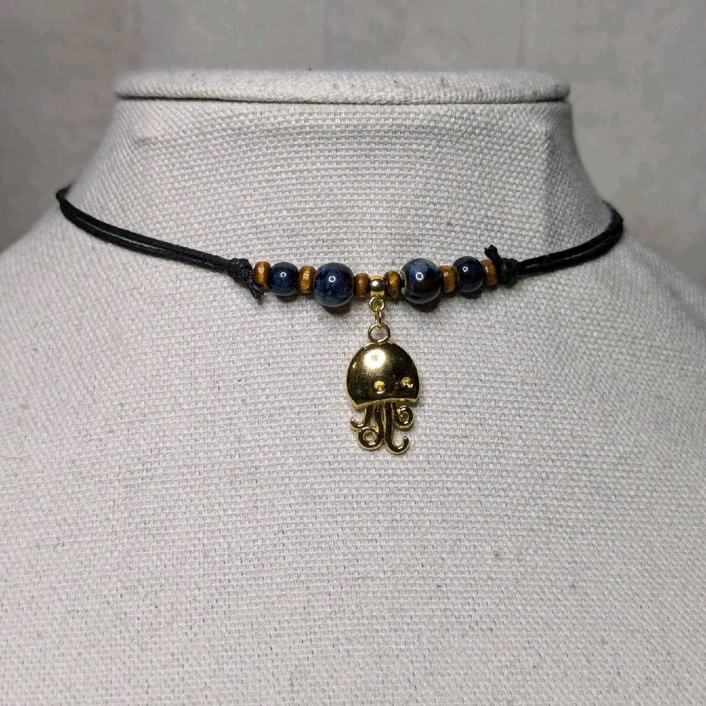 NoctemPottery Stainless Steel Ceramic Beaded Jellyfish Pendant Necklace Adjustable Choker
