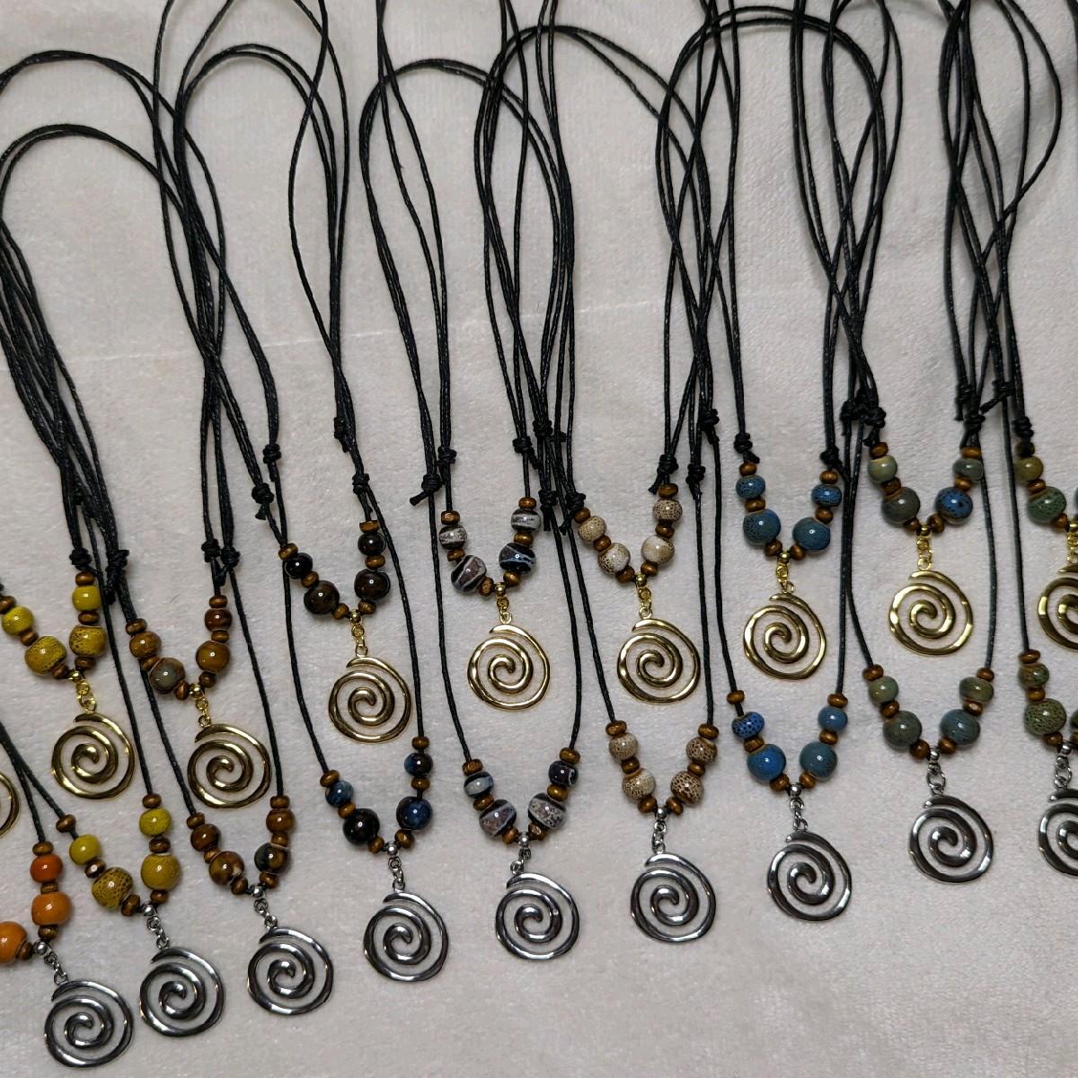 NoctemPottery Ceramic Beaded Spiral Swirl Pendant Necklace Adjustable
