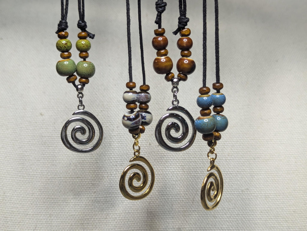 NoctemPottery Ceramic Beaded Spiral Swirl Pendant Necklace Adjustable