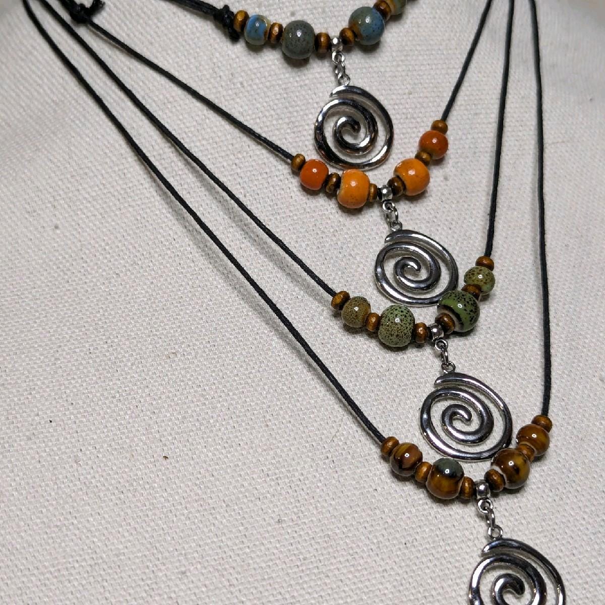 NoctemPottery Ceramic Beaded Spiral Swirl Pendant Necklace Adjustable