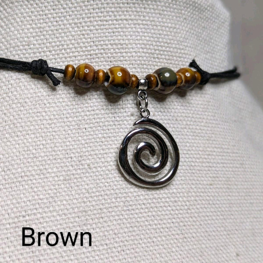 NoctemPottery Ceramic Beaded Spiral Swirl Pendant Necklace Adjustable