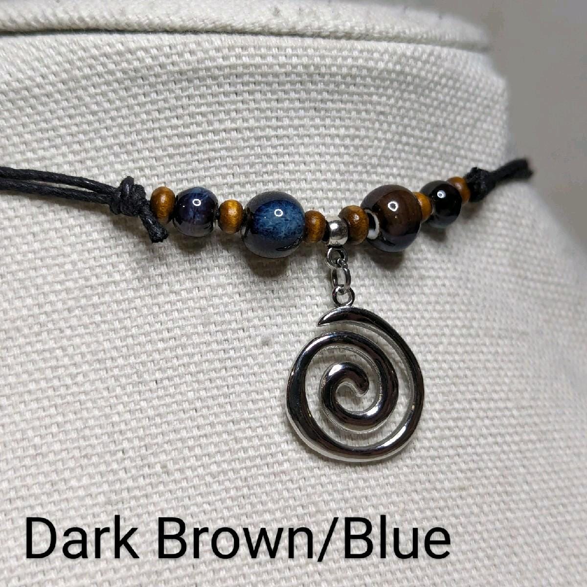 NoctemPottery Ceramic Beaded Spiral Swirl Pendant Necklace Adjustable