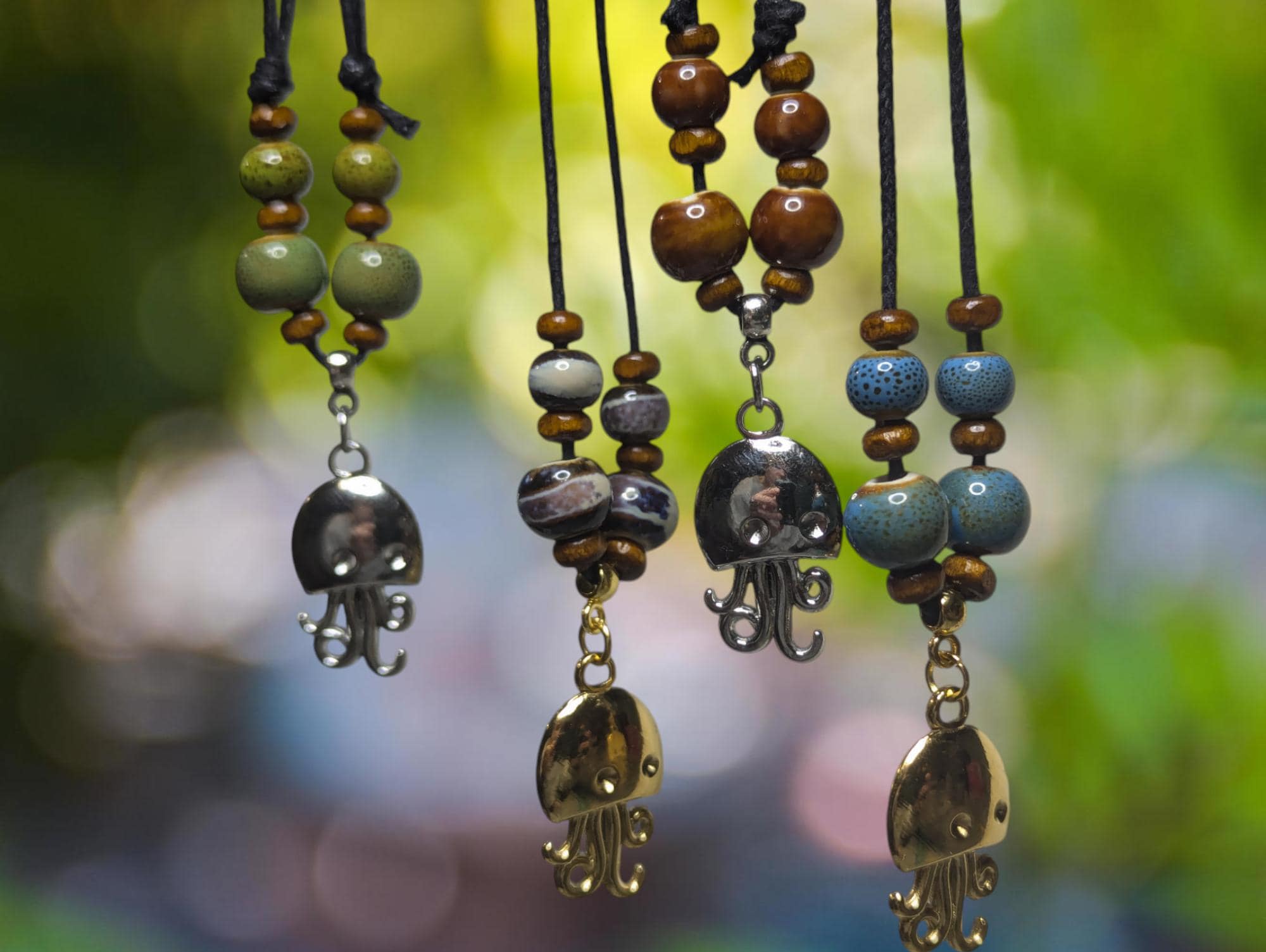 NoctemPottery Stainless Steel Ceramic Beaded Jellyfish Pendant Necklace Adjustable Choker