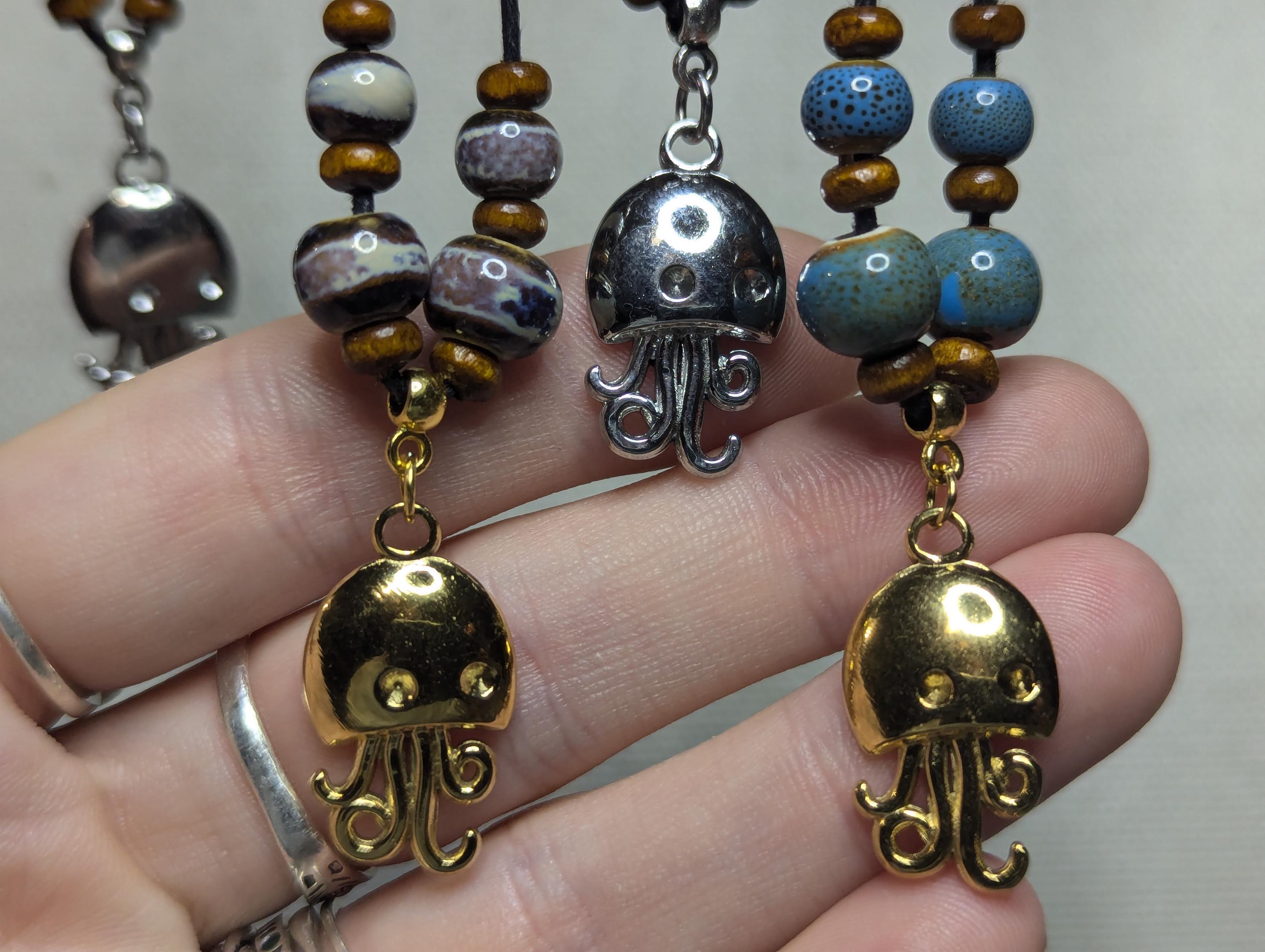 NoctemPottery Stainless Steel Ceramic Beaded Jellyfish Pendant Necklace Adjustable Choker
