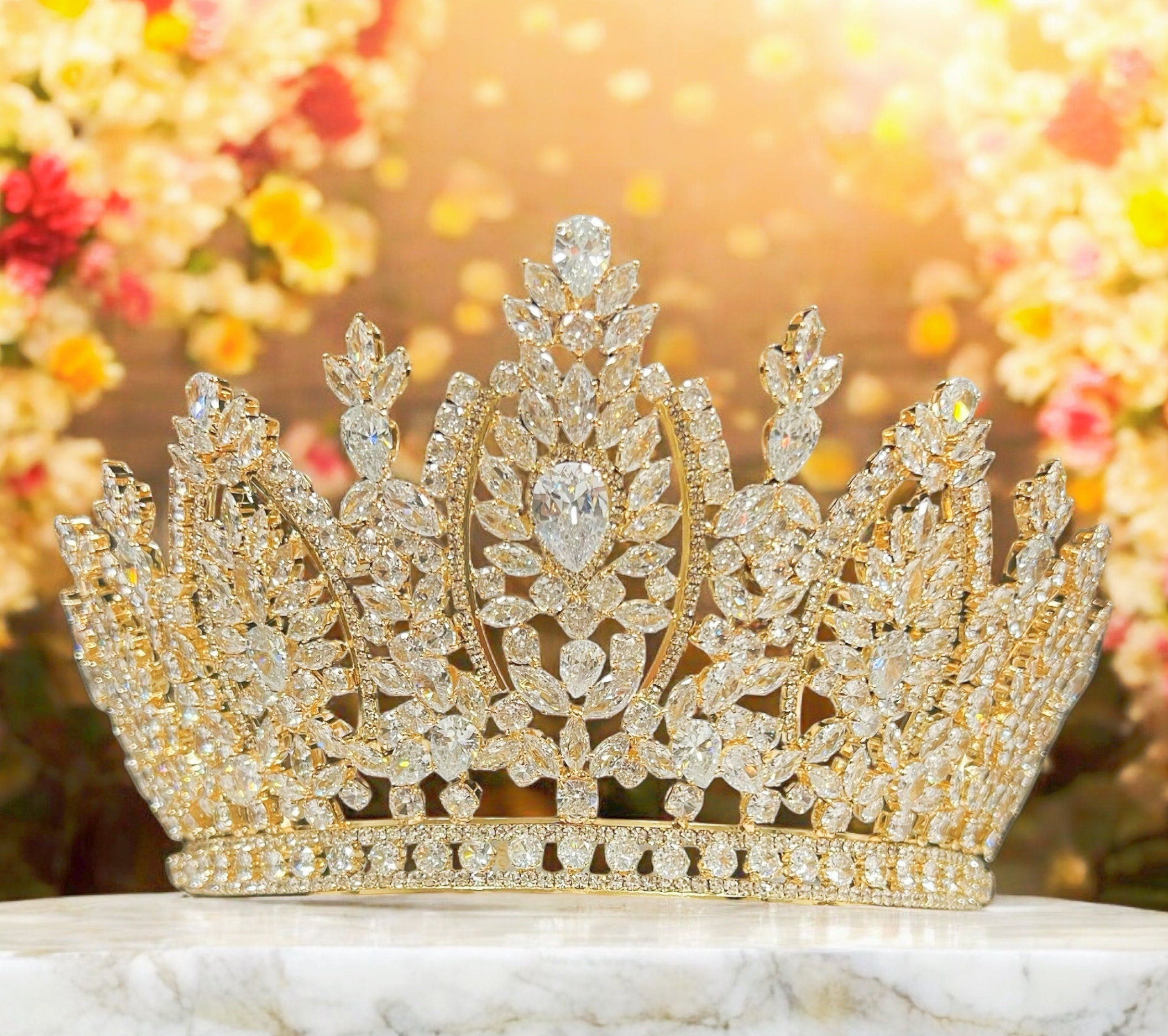 HappyJewelryWorld Cubic Zirconia Gold-Plated Bridal Crown, 6.5in