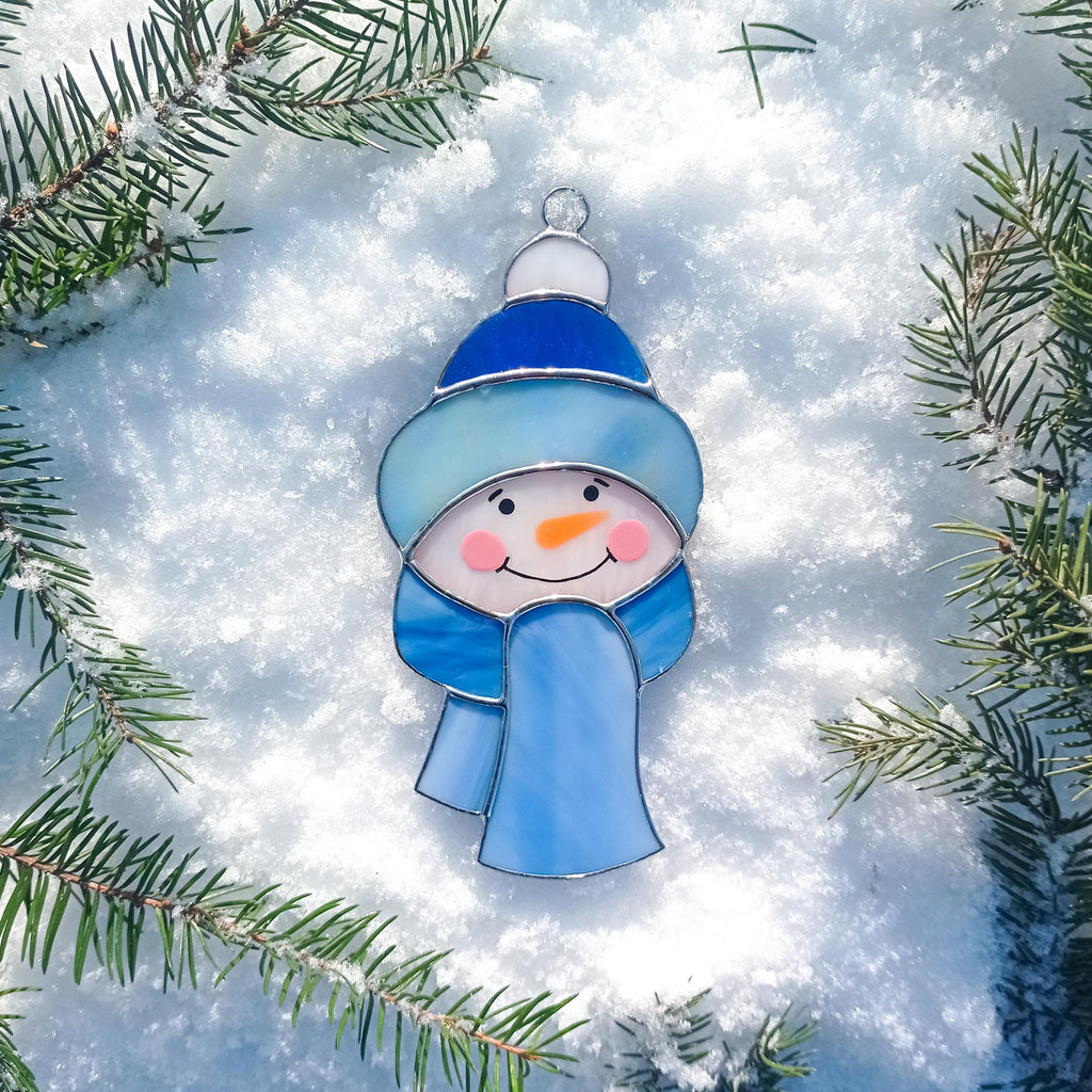 SunStainedGlassUA Snowman Stained Glass Suncatcher Christmas Ornament Handmade
