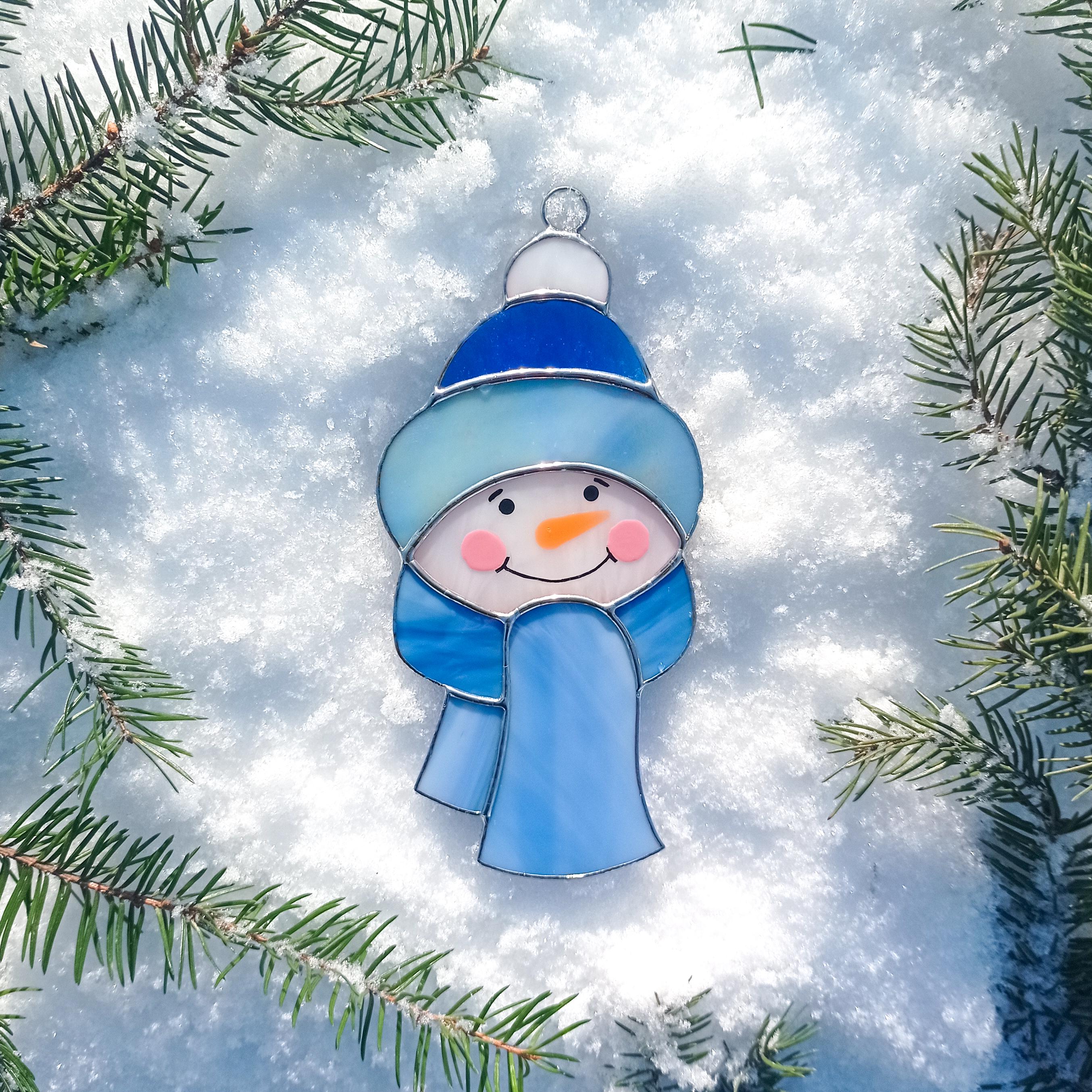 SunStainedGlassUA Snowman Stained Glass Suncatcher Christmas Ornament Handmade