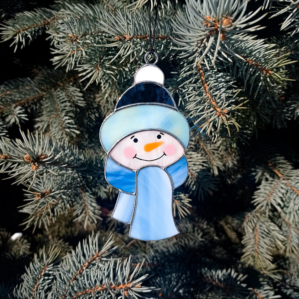 SunStainedGlassUA Snowman Stained Glass Suncatcher Christmas Ornament Handmade