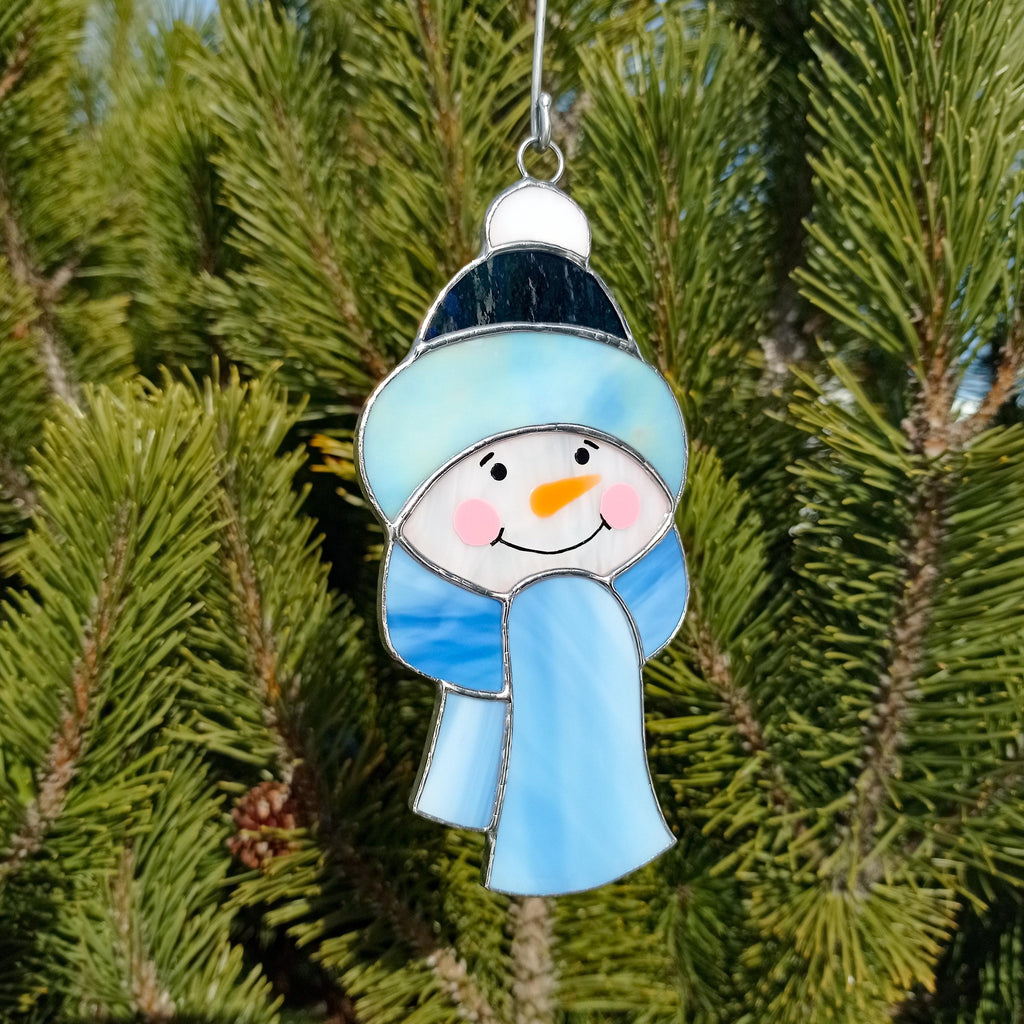 SunStainedGlassUA Snowman Stained Glass Suncatcher Christmas Ornament Handmade