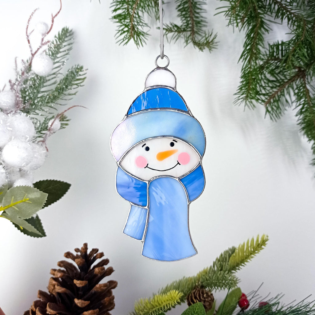 SunStainedGlassUA Snowman Stained Glass Suncatcher Christmas Ornament Handmade