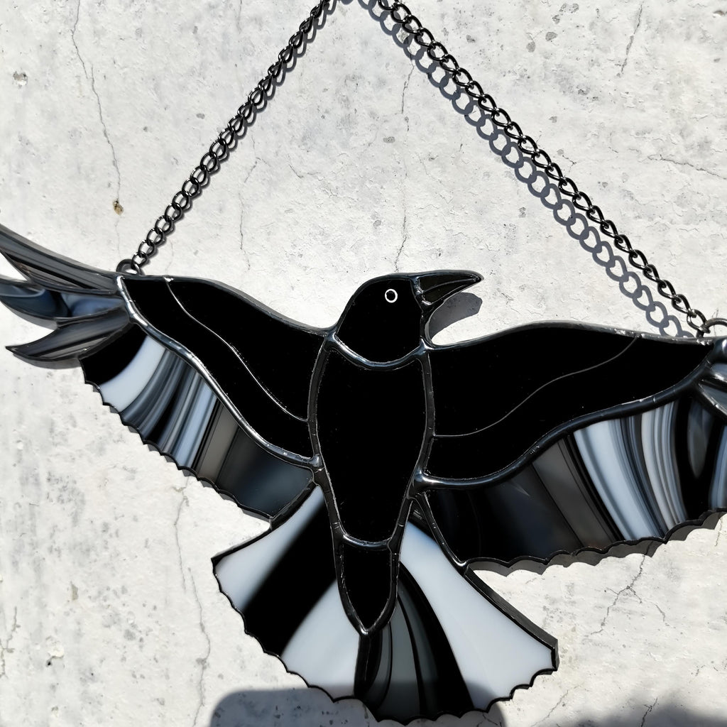 SunStainedGlassUA Stained Glass Raven Suncatcher Window Hanging 9.2in