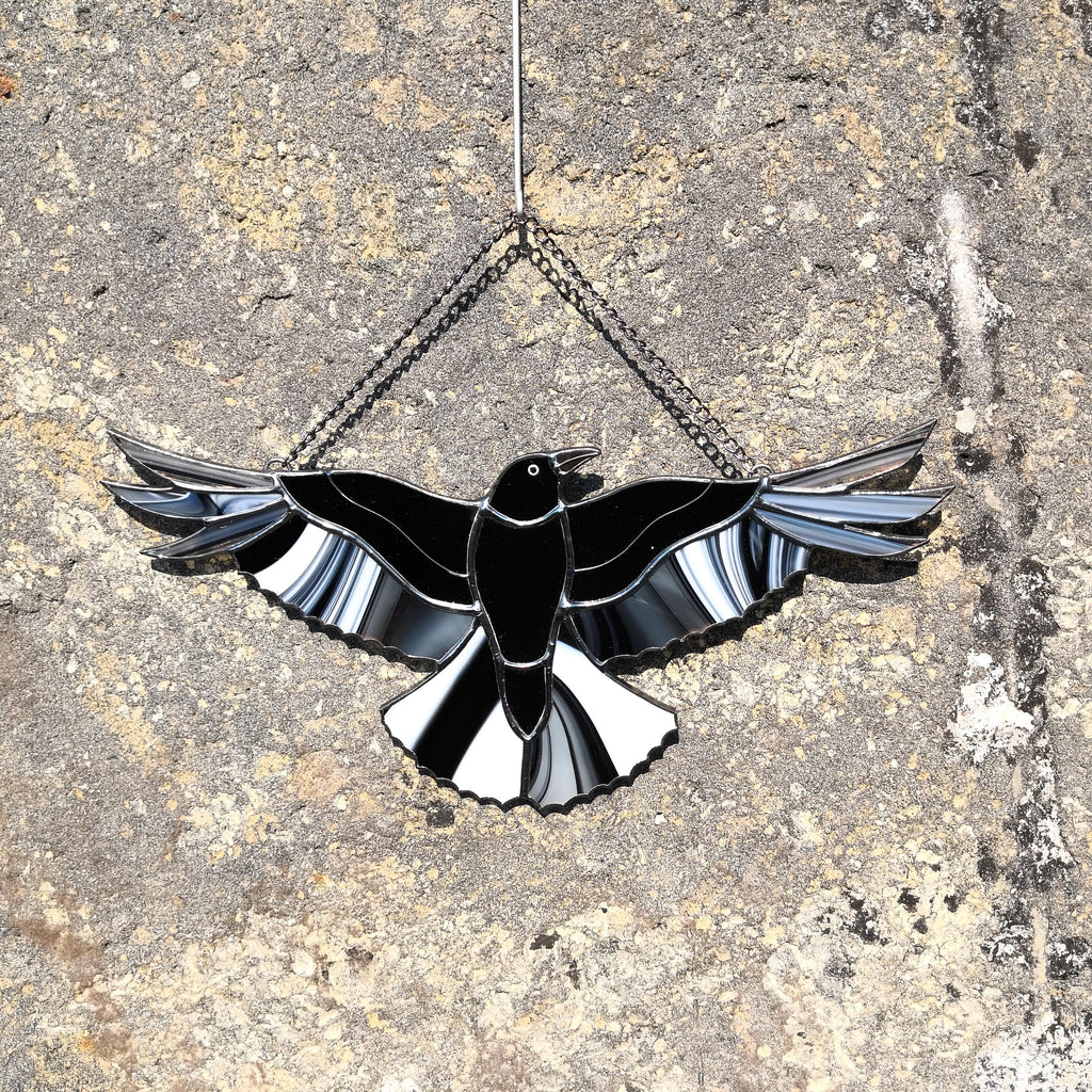 SunStainedGlassUA Stained Glass Raven Suncatcher Window Hanging 9.2in