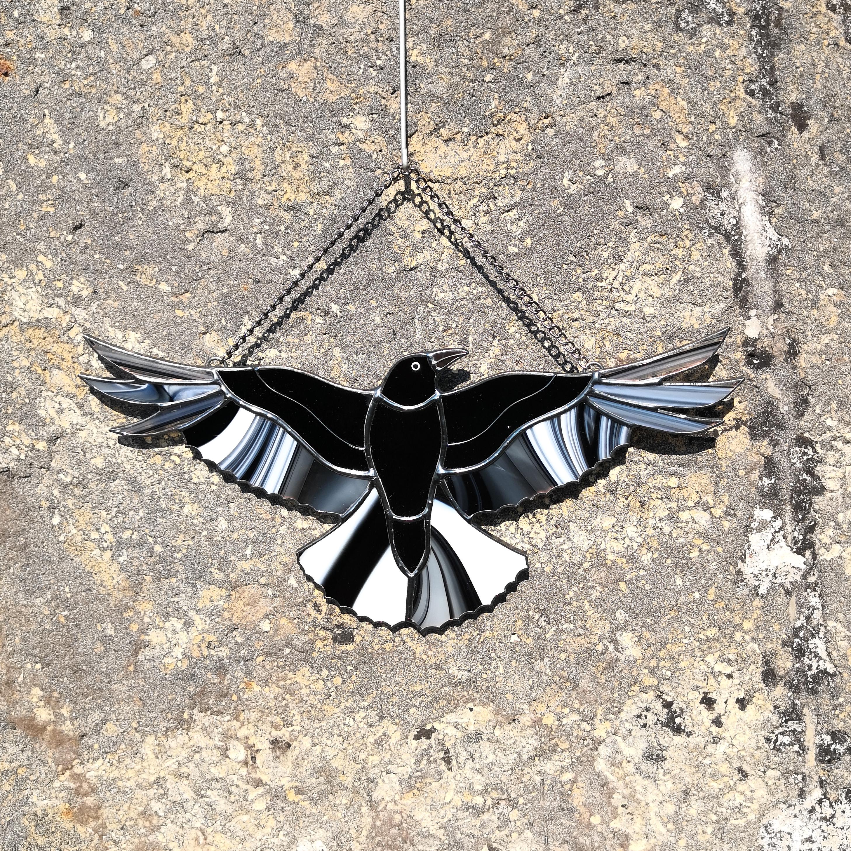 SunStainedGlassUA Stained Glass Raven Suncatcher Window Hanging 9.2in