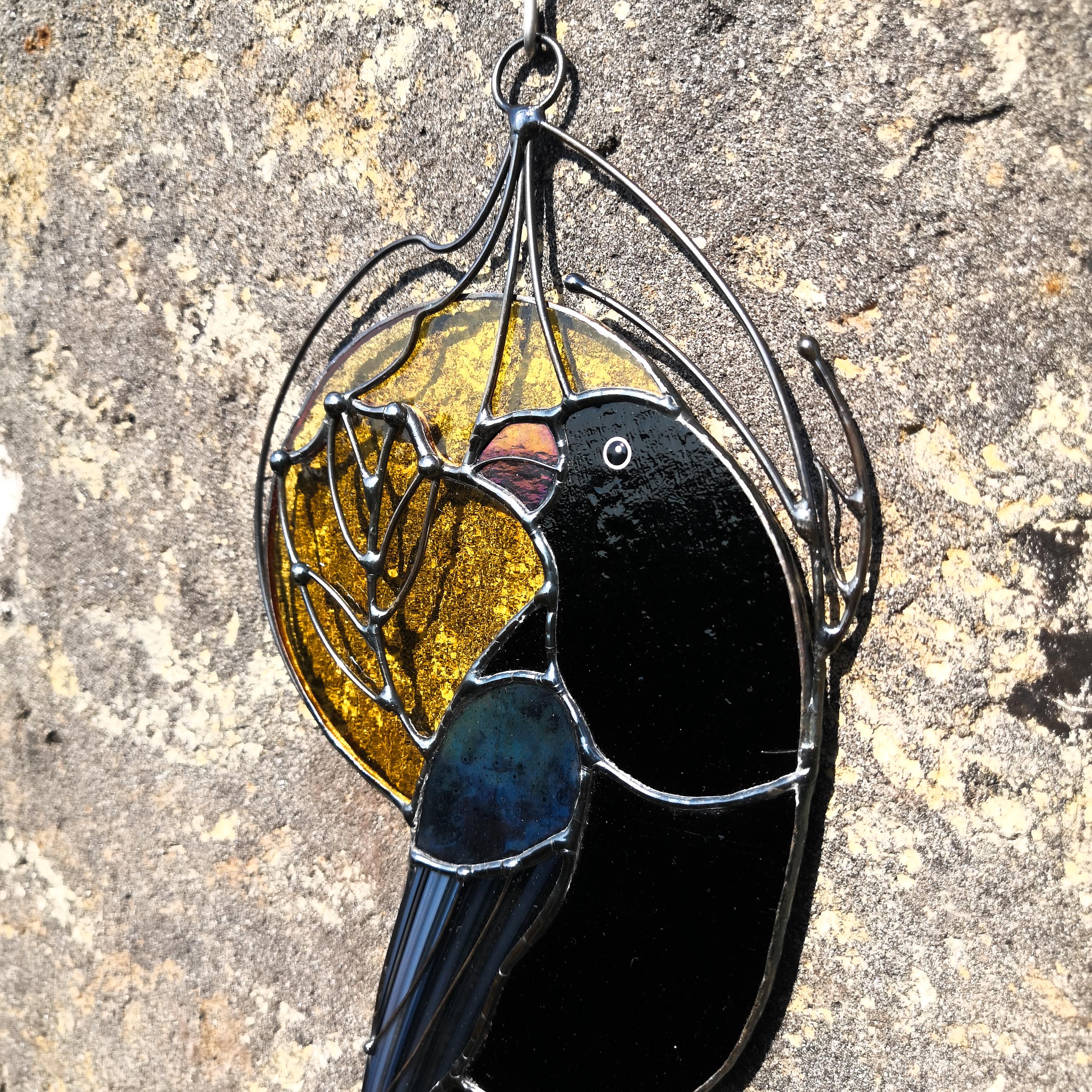 SunStainedGlassUA Stained Glass Raven Suncatcher Window Hanging 9.2in