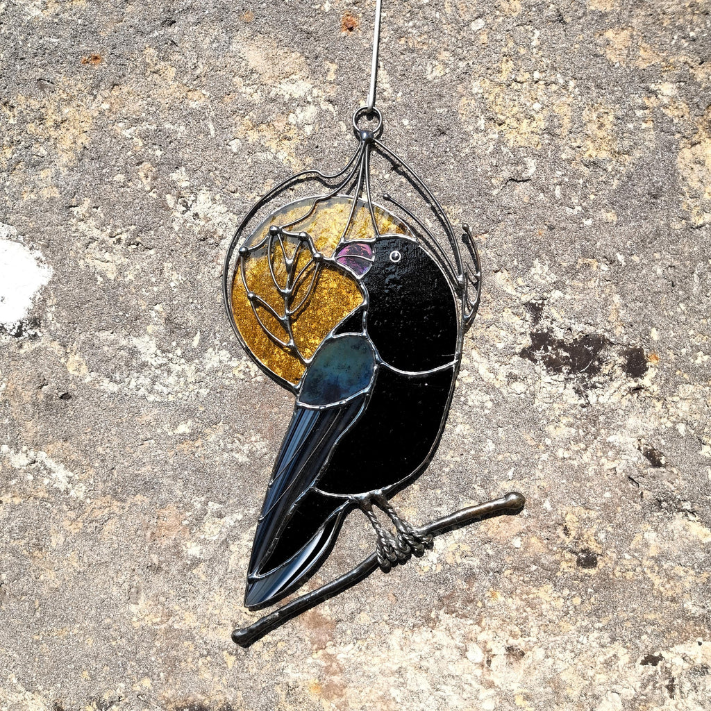 SunStainedGlassUA Stained Glass Raven Suncatcher Window Hanging 9.2in