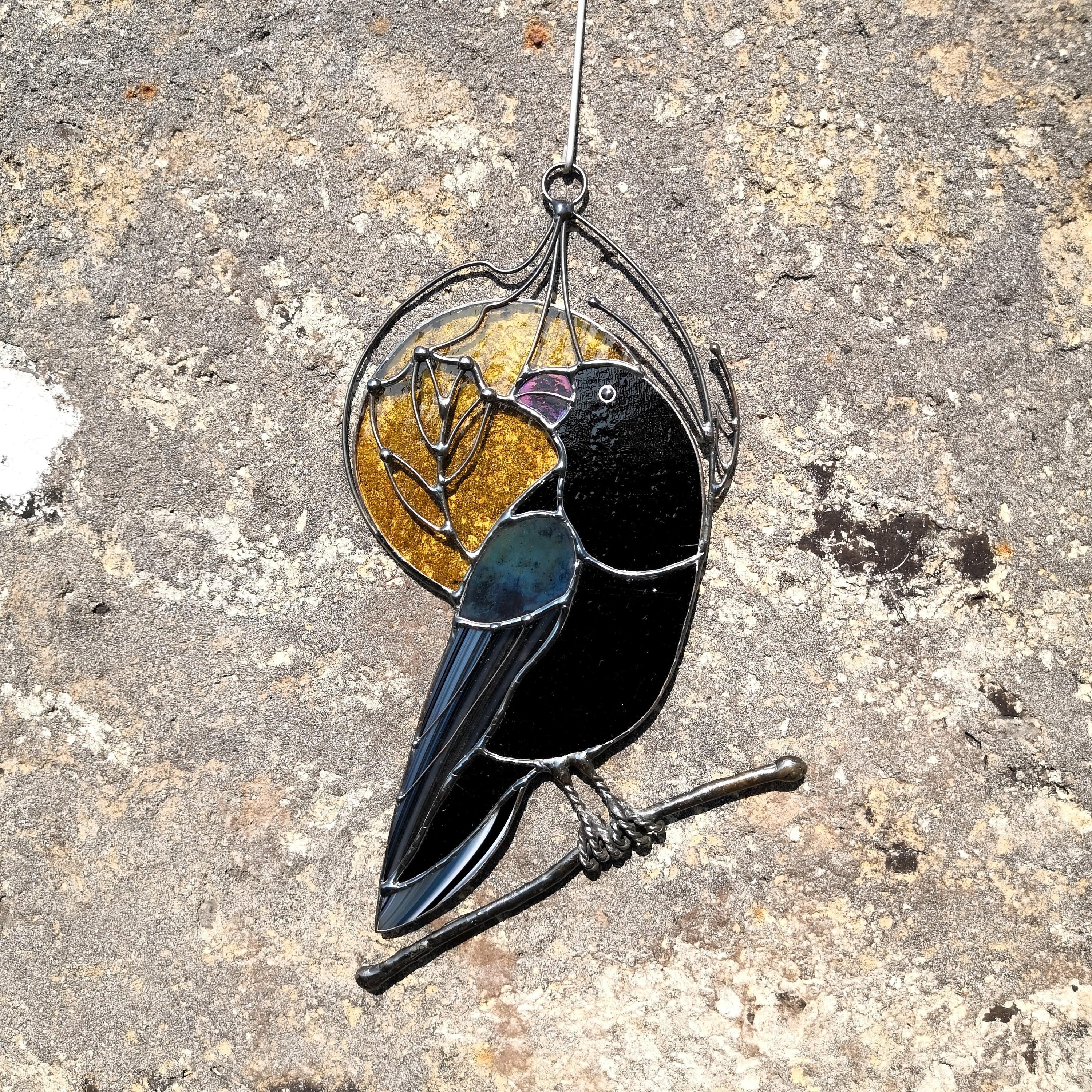 SunStainedGlassUA Stained Glass Raven Suncatcher Window Hanging 9.2in