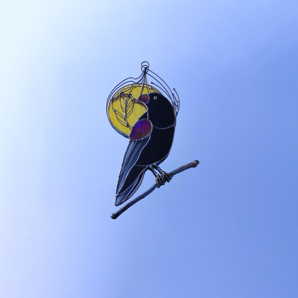SunStainedGlassUA Stained Glass Raven Suncatcher Window Hanging 9.2in