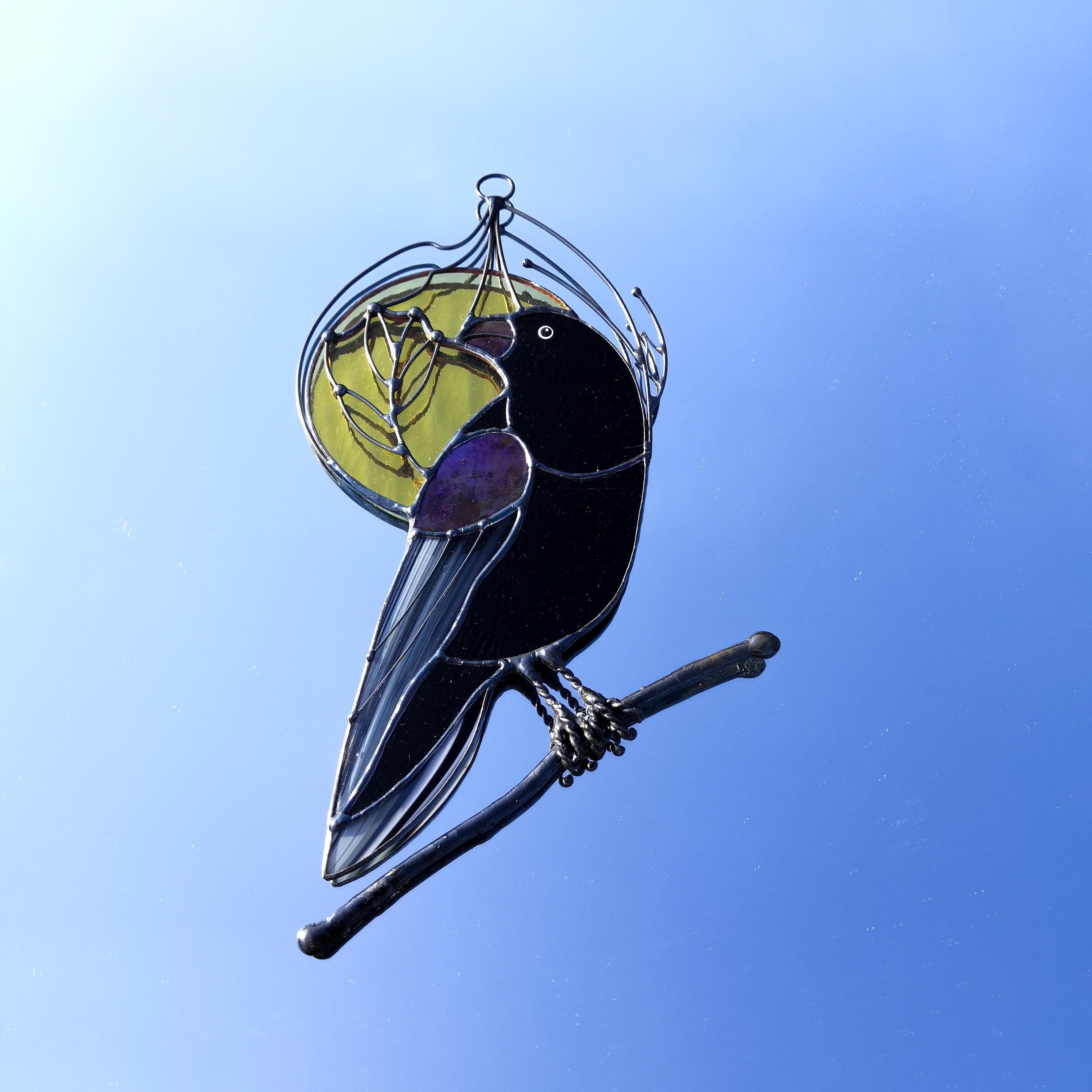 SunStainedGlassUA Stained Glass Raven Suncatcher Window Hanging 9.2in