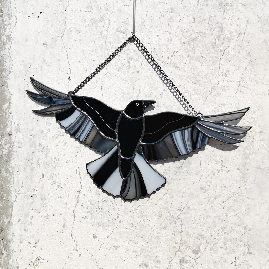 SunStainedGlassUA Stained Glass Raven Suncatcher Window Hanging 9.2in