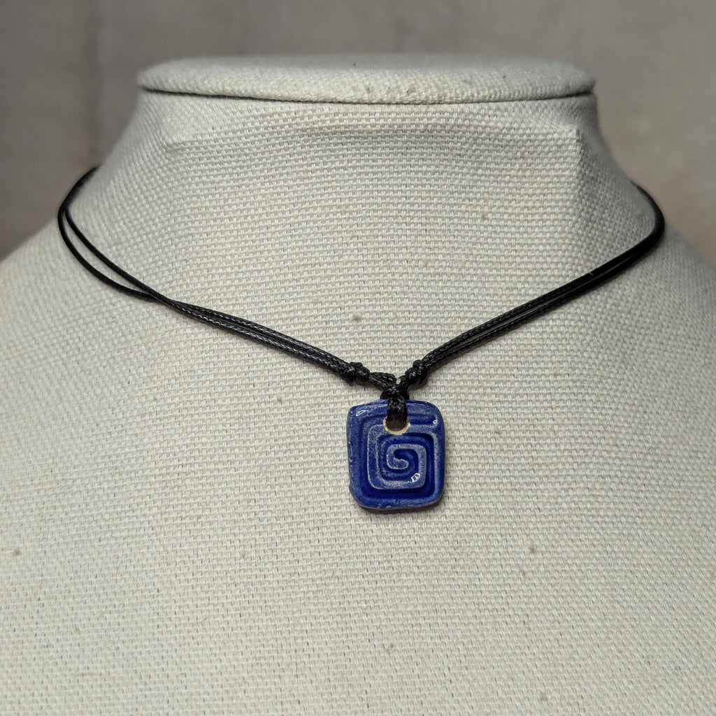 NoctemPottery Handmade Ceramic Square Spiral Pendant Choker Black Cord