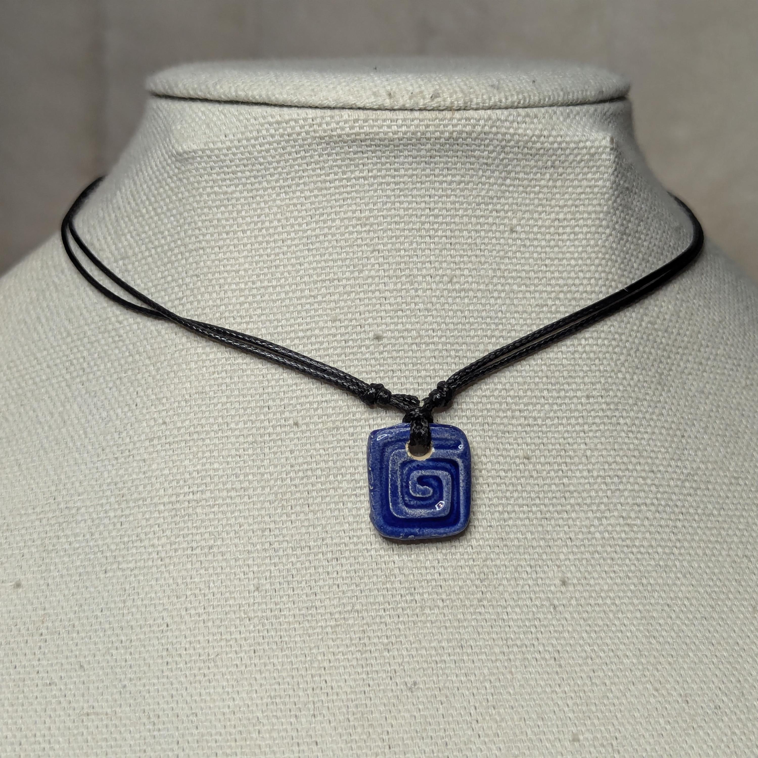 NoctemPottery Handmade Ceramic Square Spiral Pendant Choker Black Cord