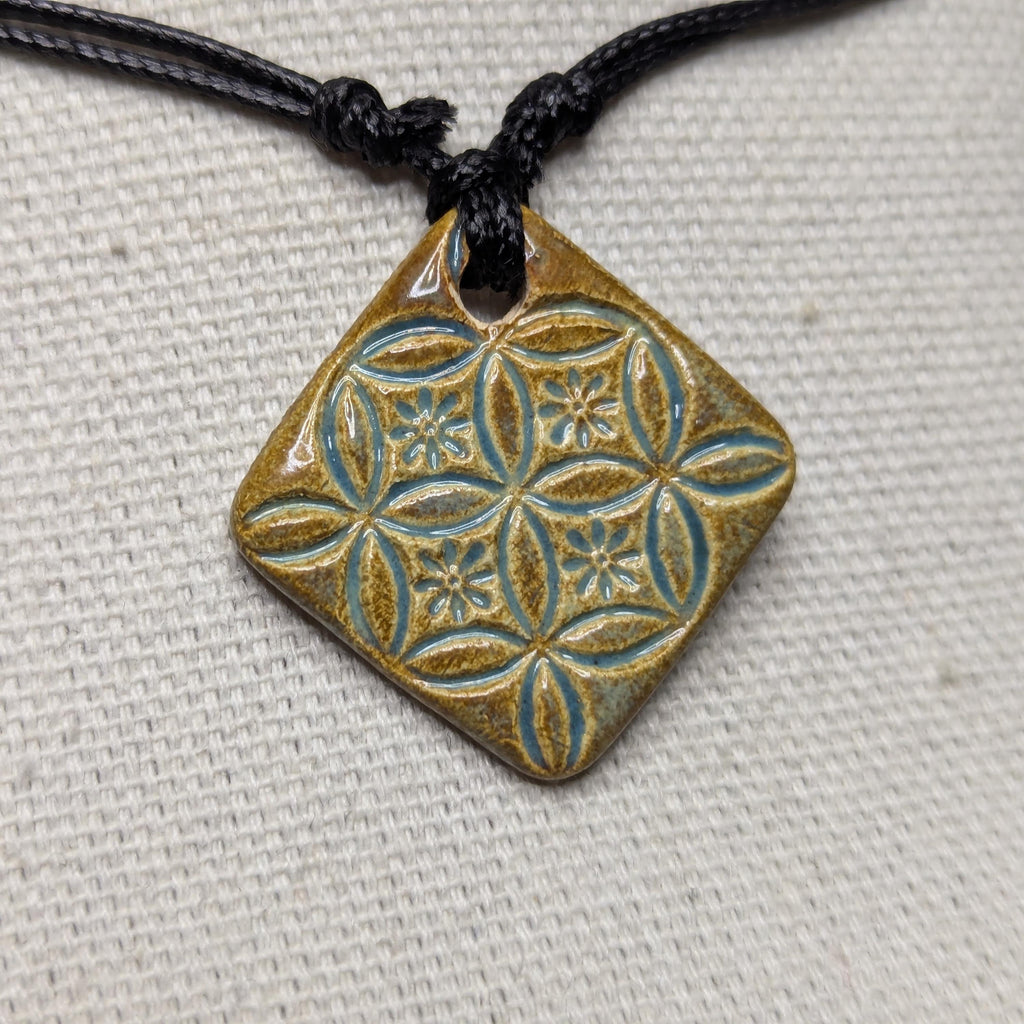 NoctemPottery Handmade Ceramic Flower of Life Square Pendant Necklace Adjustable
