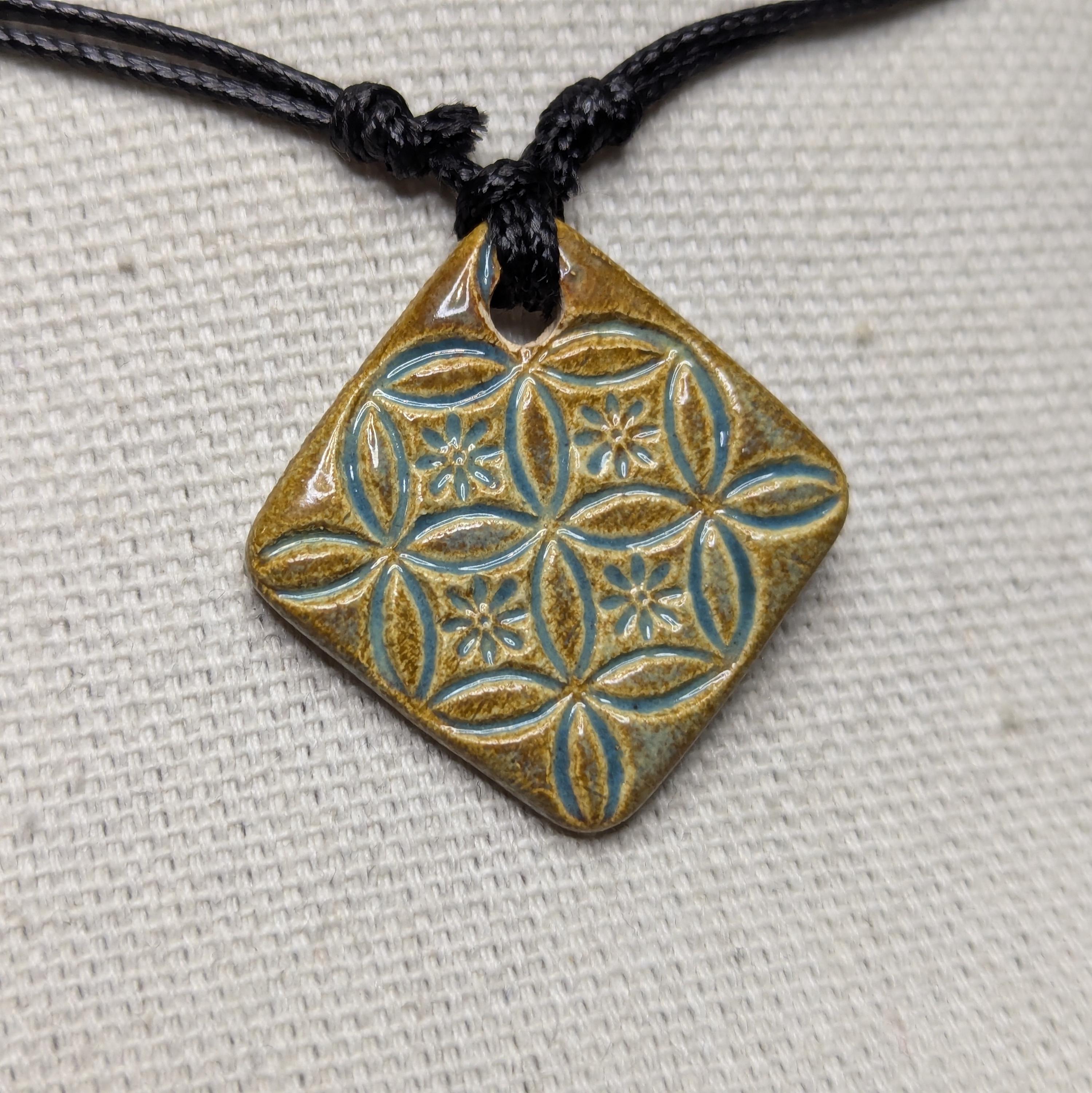 NoctemPottery Handmade Ceramic Flower of Life Square Pendant Necklace Adjustable