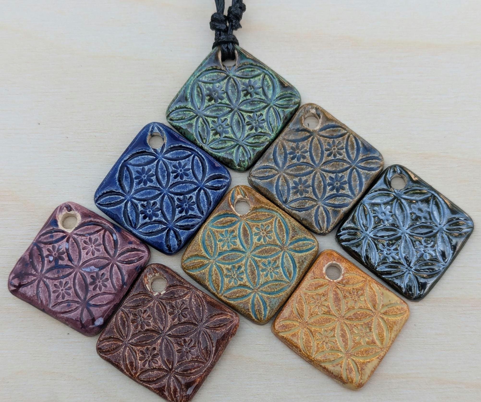 NoctemPottery Handmade Ceramic Flower of Life Square Pendant Necklace Adjustable